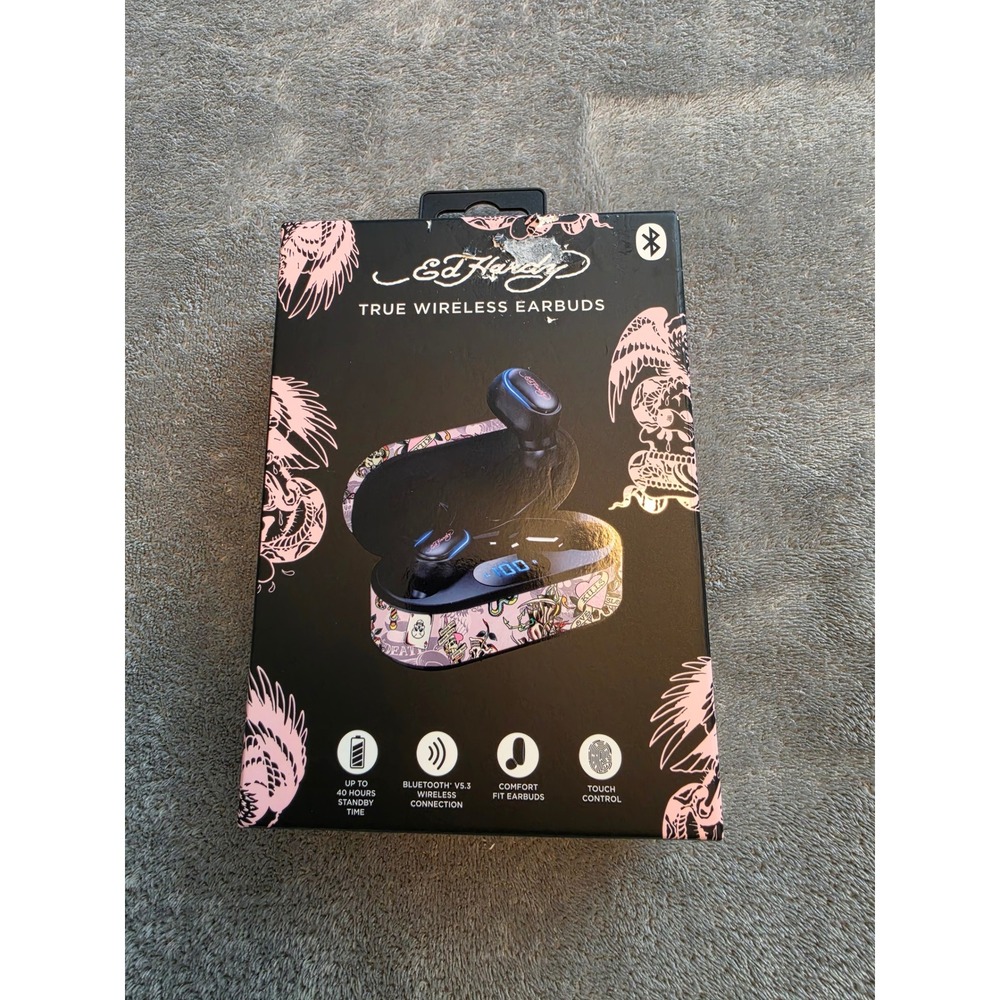 Ed Hardy True‎ Wireless Earbuds Bluetooth v5.3 Pink Tattoo Art Charging Case New
